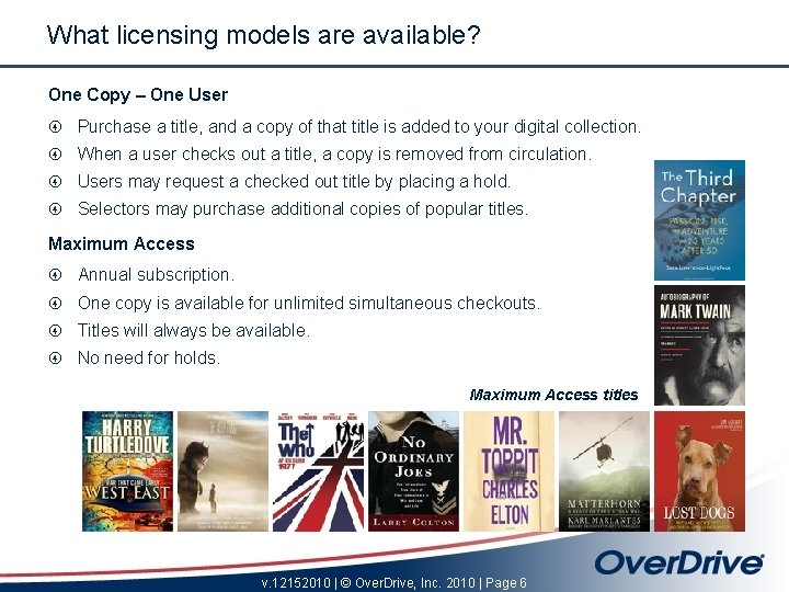 What licensing models are available? One Copy – One User Purchase a title, and