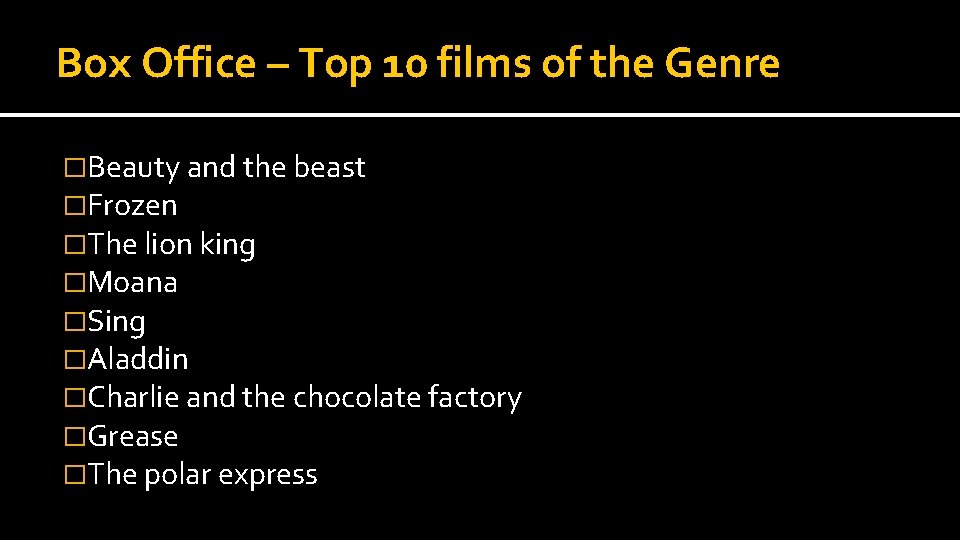 Box Office – Top 10 films of the Genre �Beauty and the beast �Frozen