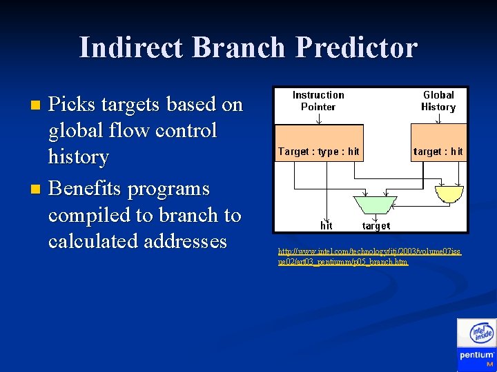 Indirect Branch Predictor Picks targets based on global flow control history n Benefits programs