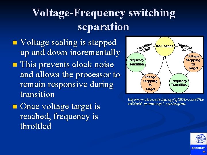 Voltage-Frequency switching separation Voltage scaling is stepped up and down incrementally n This prevents Voltage-Frequency switching separation Voltage scaling is stepped up and down incrementally n This prevents