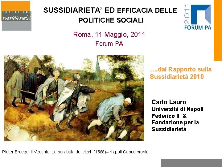 SUSSIDIARIETA’ ED EFFICACIA DELLE POLITICHE SOCIALI Roma, 11 Maggio, 2011 Forum PA …. dal