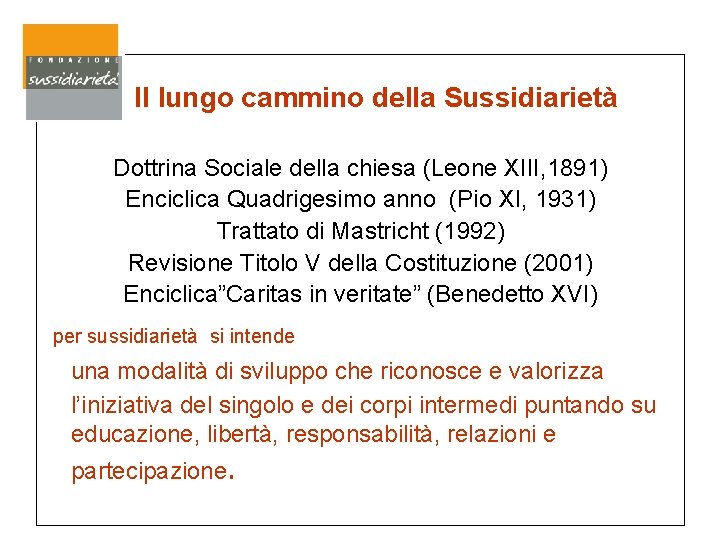 Il Il lungo cammino della Sussidiarietà Dottrina Sociale della chiesa (Leone XIII, 1891) Enciclica