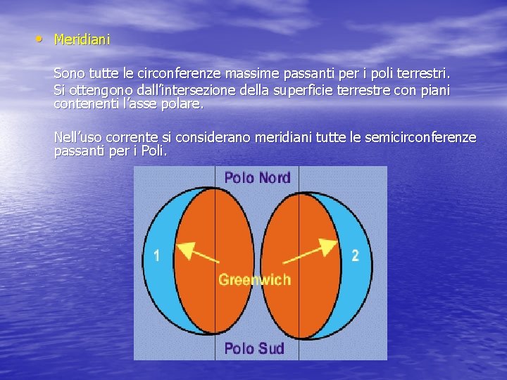  • Meridiani Sono tutte le circonferenze massime passanti per i poli terrestri. Si