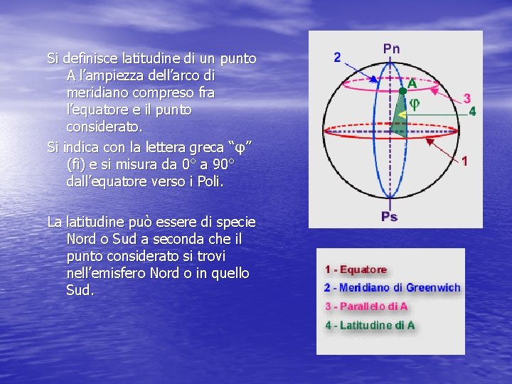 Si definisce latitudine di un punto A l’ampiezza dell’arco di meridiano compreso fra l’equatore