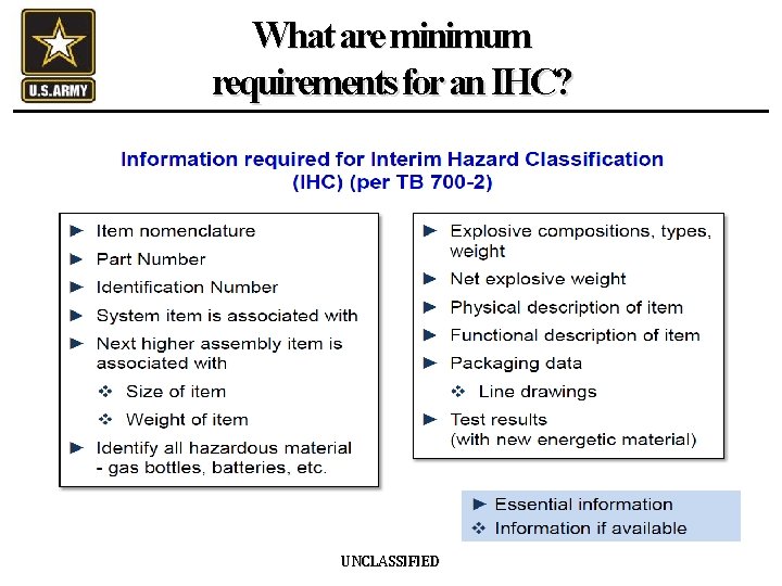 What are minimum requirements for an IHC? UNCLASSIFIED 