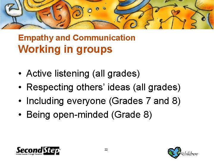 Empathy and Communication Working in groups • • Active listening (all grades) Respecting others’