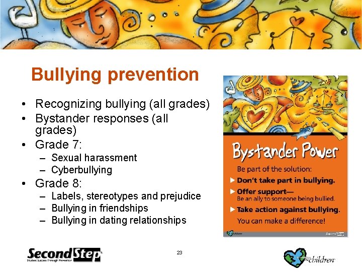 Bullying prevention • Recognizing bullying (all grades) • Bystander responses (all grades) • Grade