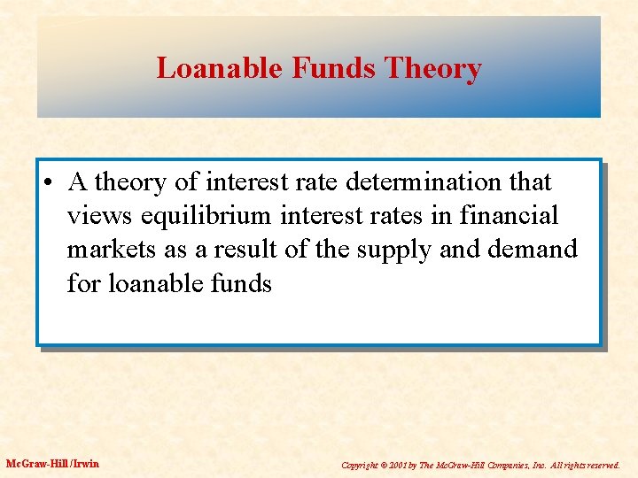 Loanable Funds Theory • A theory of interest rate determination that views equilibrium interest