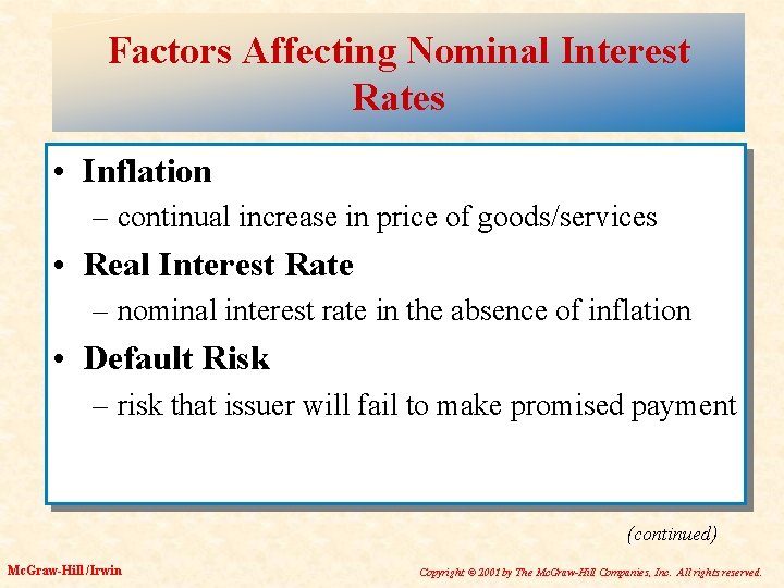 Factors Affecting Nominal Interest Rates • Inflation – continual increase in price of goods/services