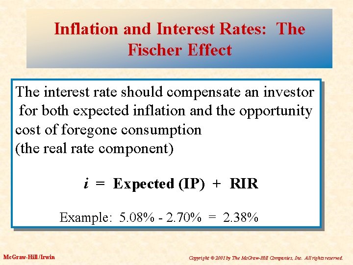 Inflation and Interest Rates: The Fischer Effect The interest rate should compensate an investor