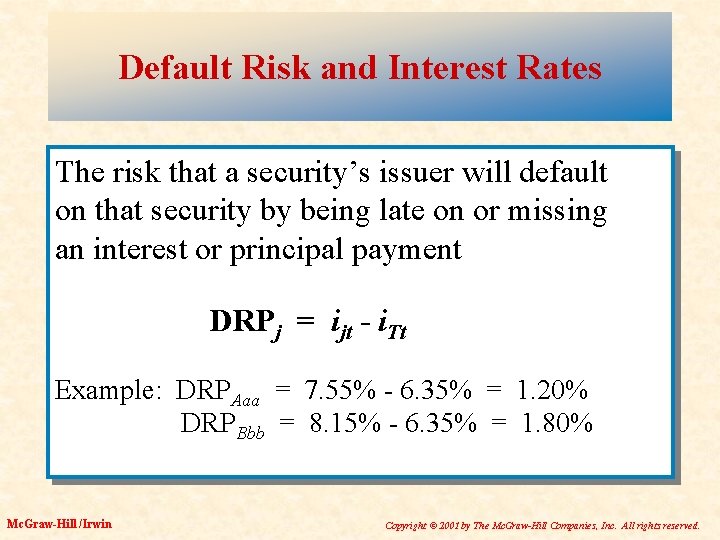 Default Risk and Interest Rates The risk that a security’s issuer will default on