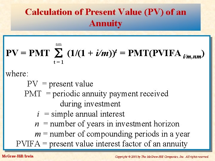 Calculation of Present Value (PV) of an Annuity nm PV = PMT (1/(1 +