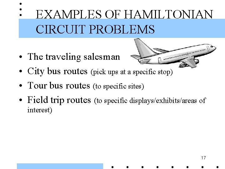 EXAMPLES OF HAMILTONIAN CIRCUIT PROBLEMS • • The traveling salesman City bus routes (pick