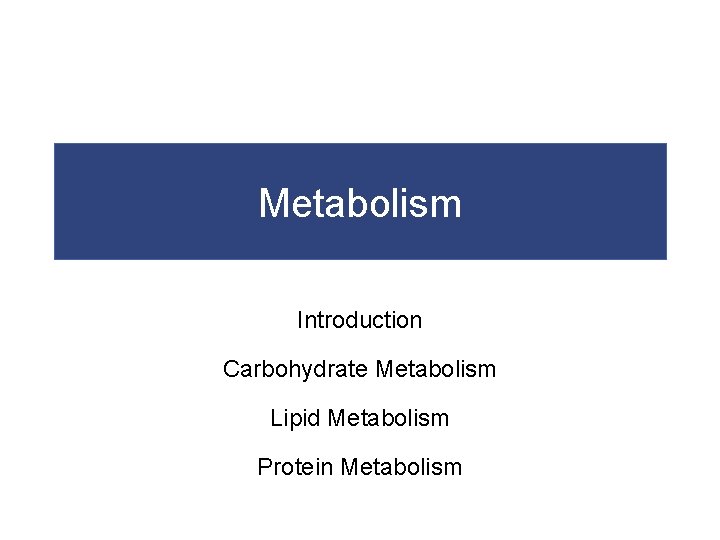 Metabolism Introduction Carbohydrate Metabolism Lipid Metabolism Protein Metabolism 