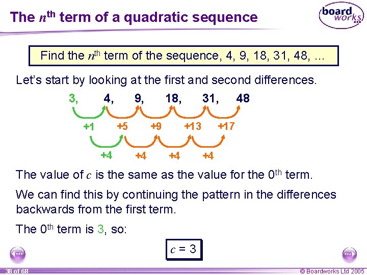 The nth term of a quadratic sequence Find the nth term of the sequence,