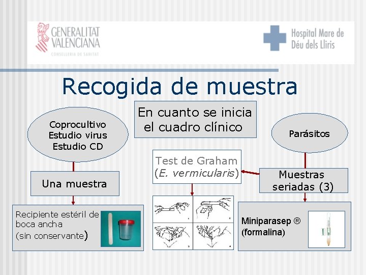 Recogida de muestra Coprocultivo Estudio virus Estudio CD Una muestra Recipiente estéril de boca