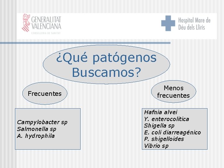 ¿Qué patógenos Buscamos? Frecuentes Campylobacter sp Salmonella sp A. hydrophila Menos frecuentes Hafnia alvei