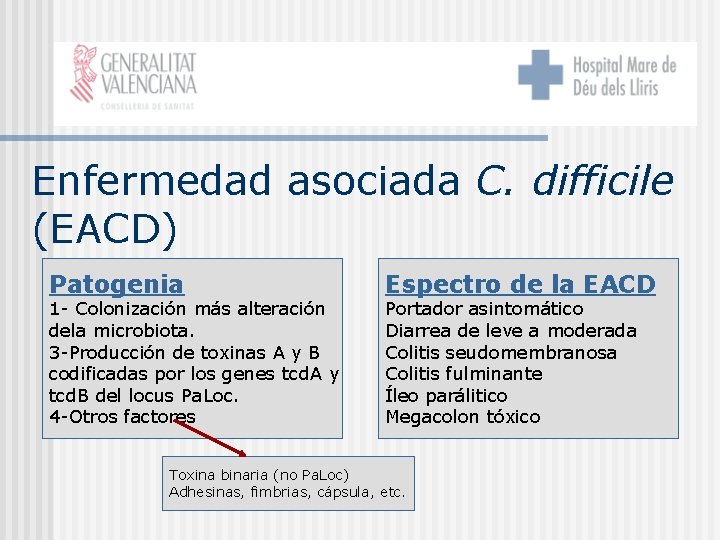 Enfermedad asociada C. difficile (EACD) Patogenia 1 - Colonización más alteración dela microbiota. 3