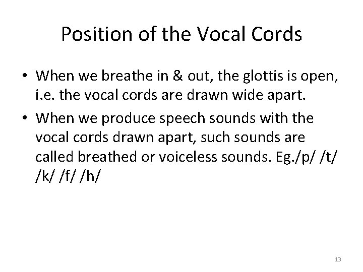 Position of the Vocal Cords • When we breathe in & out, the glottis