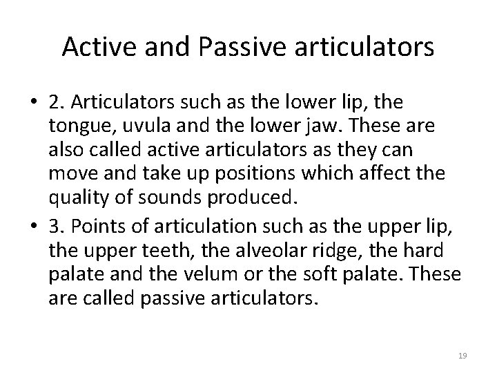 Active and Passive articulators • 2. Articulators such as the lower lip, the tongue,
