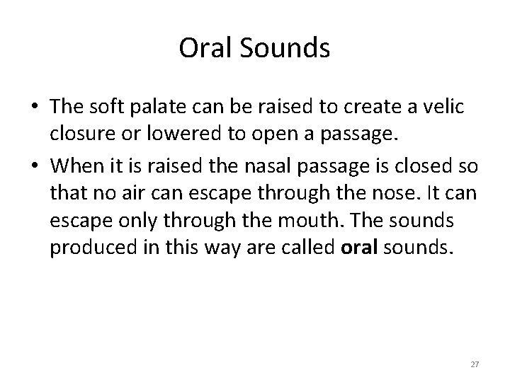 Oral Sounds • The soft palate can be raised to create a velic closure