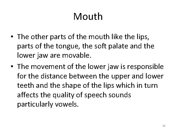 Mouth • The other parts of the mouth like the lips, parts of the