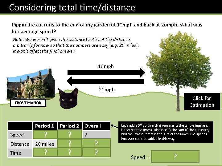 Considering total time/distance Pippin the cat runs to the end of my garden