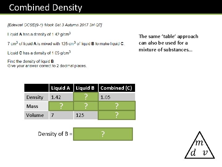  Combined Density The same ‘table’ approach can also be used for a mixture