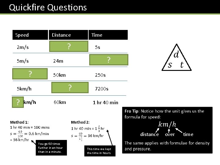  Quickfire Questions Speed Distance Time ? 2 m/s 10 m 5 s 5