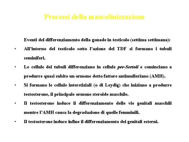Processi della mascolinizzazione Eventi del differenziamento della gonade in testicolo (settimana): • All’interno del