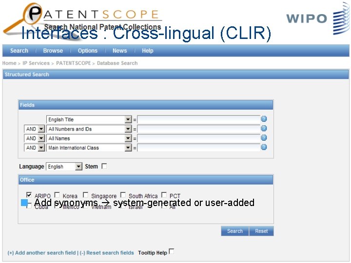 Interfaces : Cross-lingual (CLIR) Add synonyms system-generated or user-added 