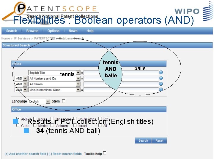 Flexibilities : Boolean operators (AND) tennis AND balle Results in PCT collection (English titles)