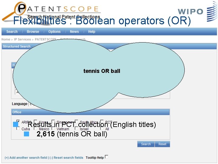 Flexibilities : Boolean operators (OR) tennis OR ball Results in PCT collection (English titles)