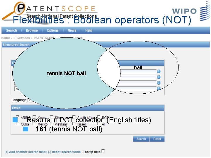 Flexibilities : Boolean operators (NOT) tennis NOT ball Results in PCT collection (English titles)