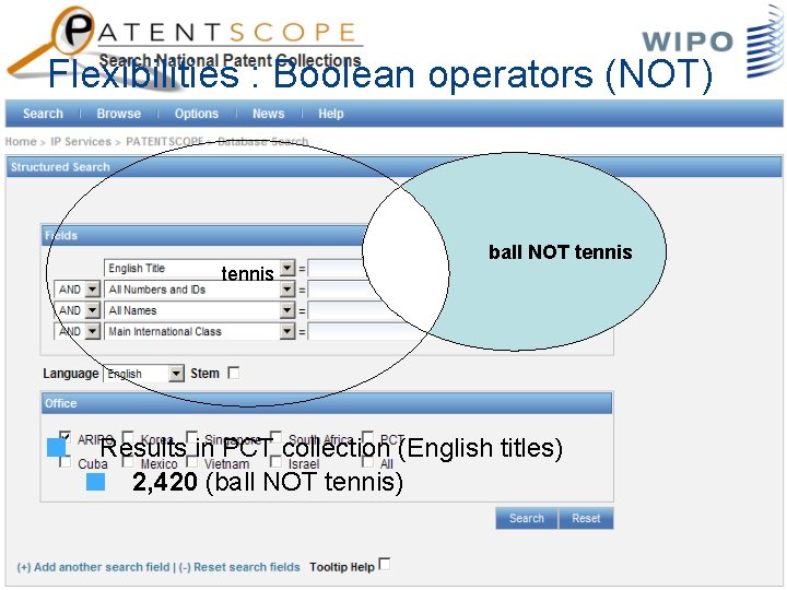 Flexibilities : Boolean operators (NOT) tennis ball NOT tennis Results in PCT collection (English
