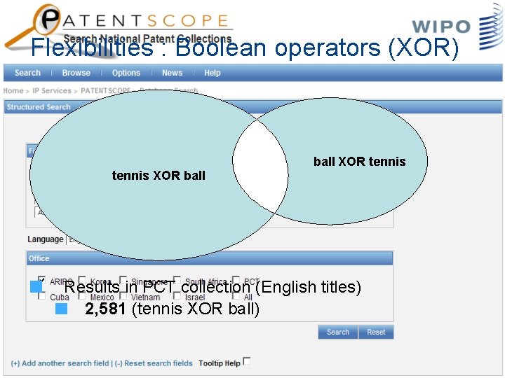 Flexibilities : Boolean operators (XOR) tennis XOR ball XOR tennis Results in PCT collection