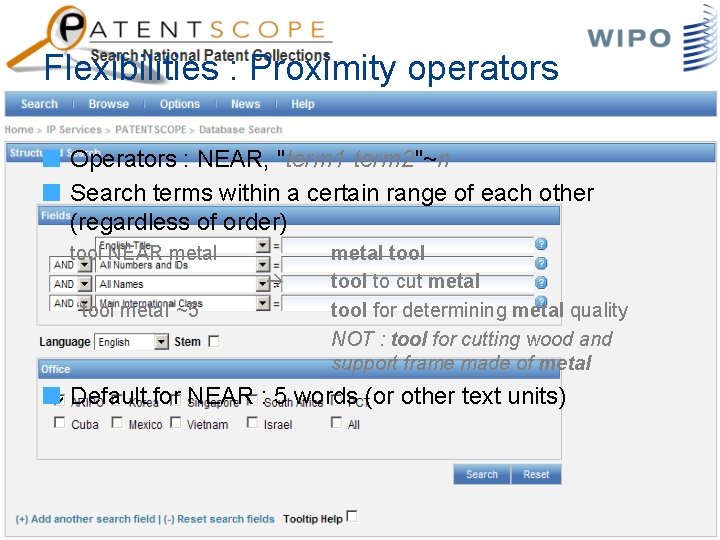 Flexibilities : Proximity operators Operators : NEAR, "term 1 term 2"~n Search terms within