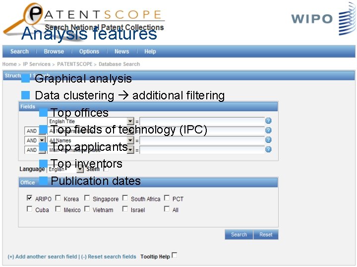 Analysis features Graphical analysis Data clustering additional filtering Top offices Top fields of technology