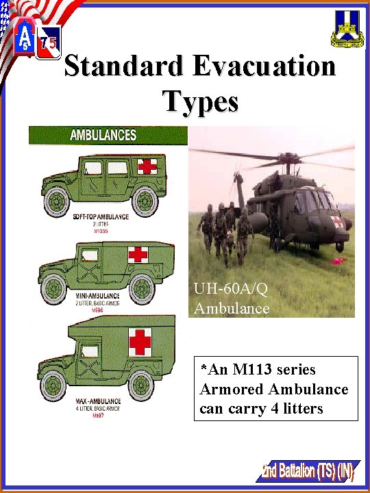 Standard Evacuation Types UH-60 A/Q Ambulance *An M 113 series Armored Ambulance can carry Standard Evacuation Types UH-60 A/Q Ambulance *An M 113 series Armored Ambulance can carry