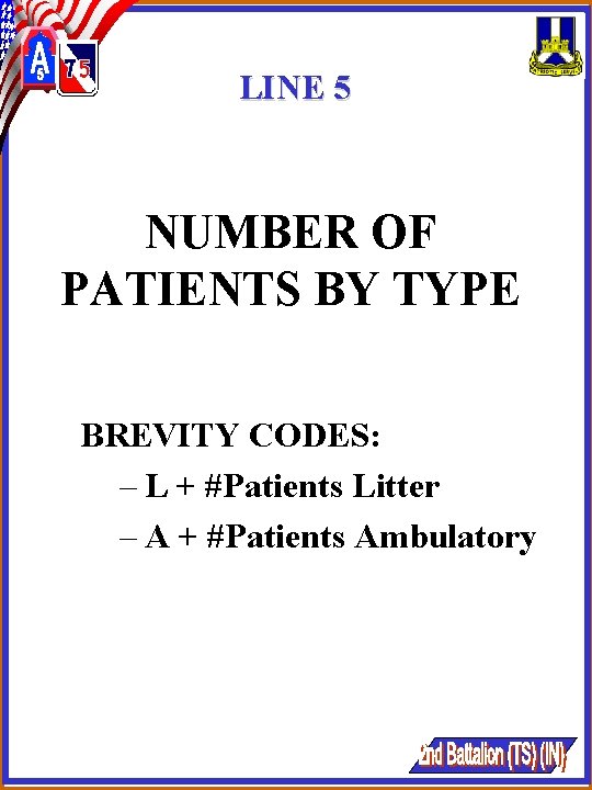 LINE 5 NUMBER OF PATIENTS BY TYPE BREVITY CODES: – L + #Patients Litter LINE 5 NUMBER OF PATIENTS BY TYPE BREVITY CODES: – L + #Patients Litter