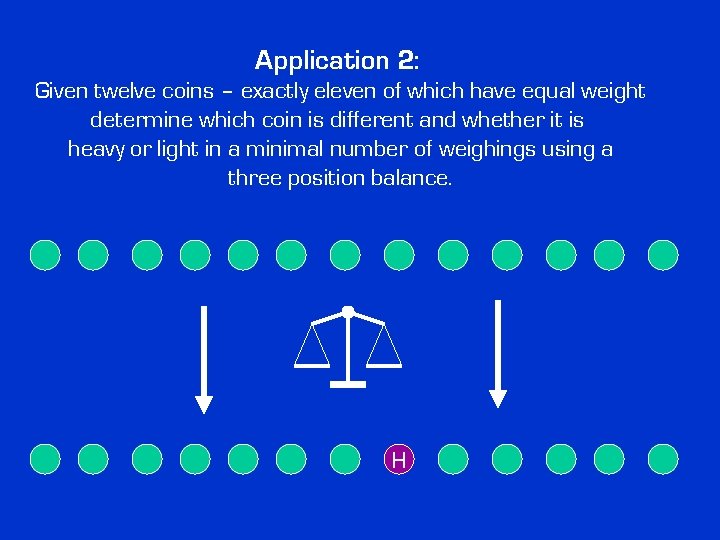 Application 2: Given twelve coins – exactly eleven of which have equal weight determine Application 2: Given twelve coins – exactly eleven of which have equal weight determine