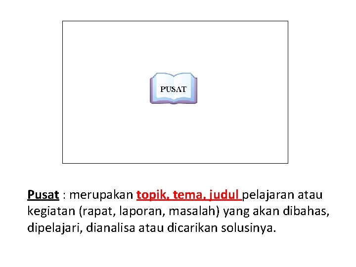 Pusat : merupakan topik, tema, judul pelajaran atau kegiatan (rapat, laporan, masalah) yang akan
