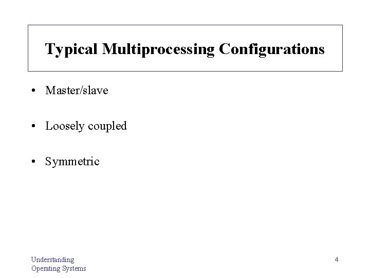 Typical Multiprocessing Configurations • Master/slave • Loosely coupled • Symmetric Understanding Operating Systems 4