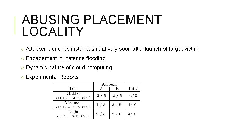 ABUSING PLACEMENT LOCALITY o Attacker launches instances relatively soon after launch of target victim