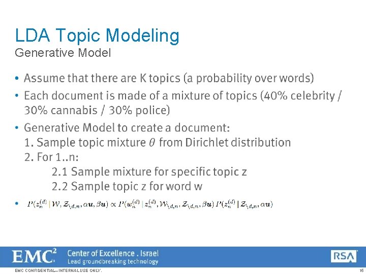 LDA Topic Modeling Generative Model • EMC CONFIDENTIAL—INTERNAL USE ONLY. 15 