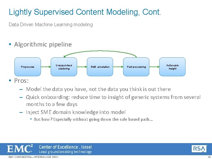 Lightly Supervised Content Modeling, Cont. Data Driven Machine Learning modeling • Algorithmic pipeline Preprocess
