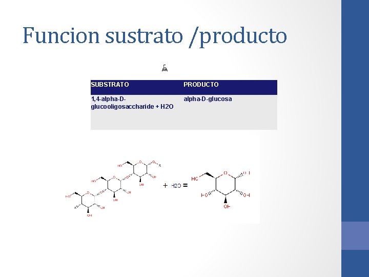 Funcion sustrato /producto SUBSTRATO PRODUCTO 1, 4 -alpha-Dglucooligosaccharide + H 2 O alpha-D-glucosa Funcion sustrato /producto SUBSTRATO PRODUCTO 1, 4 -alpha-Dglucooligosaccharide + H 2 O alpha-D-glucosa
