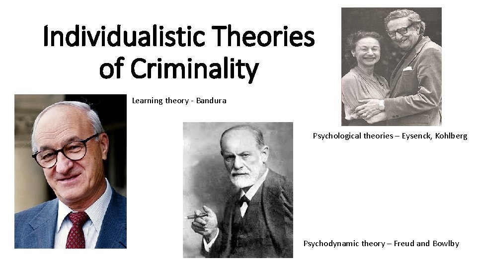 Individualistic Theories of Criminality Learning theory - Bandura Psychological theories – Eysenck, Kohlberg Psychodynamic