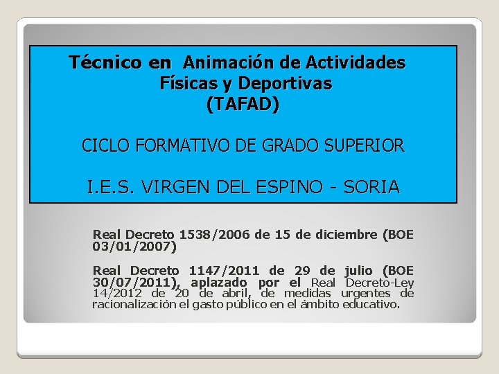 Técnico en Animación de Actividades Físicas y Deportivas (TAFAD) CICLO FORMATIVO DE GRADO SUPERIOR