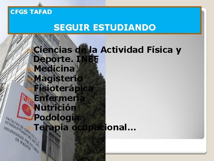 CFGS TAFAD SEGUIR ESTUDIANDO Ciencias de la Actividad Física y Deporte. INEF Medicina Magisterio